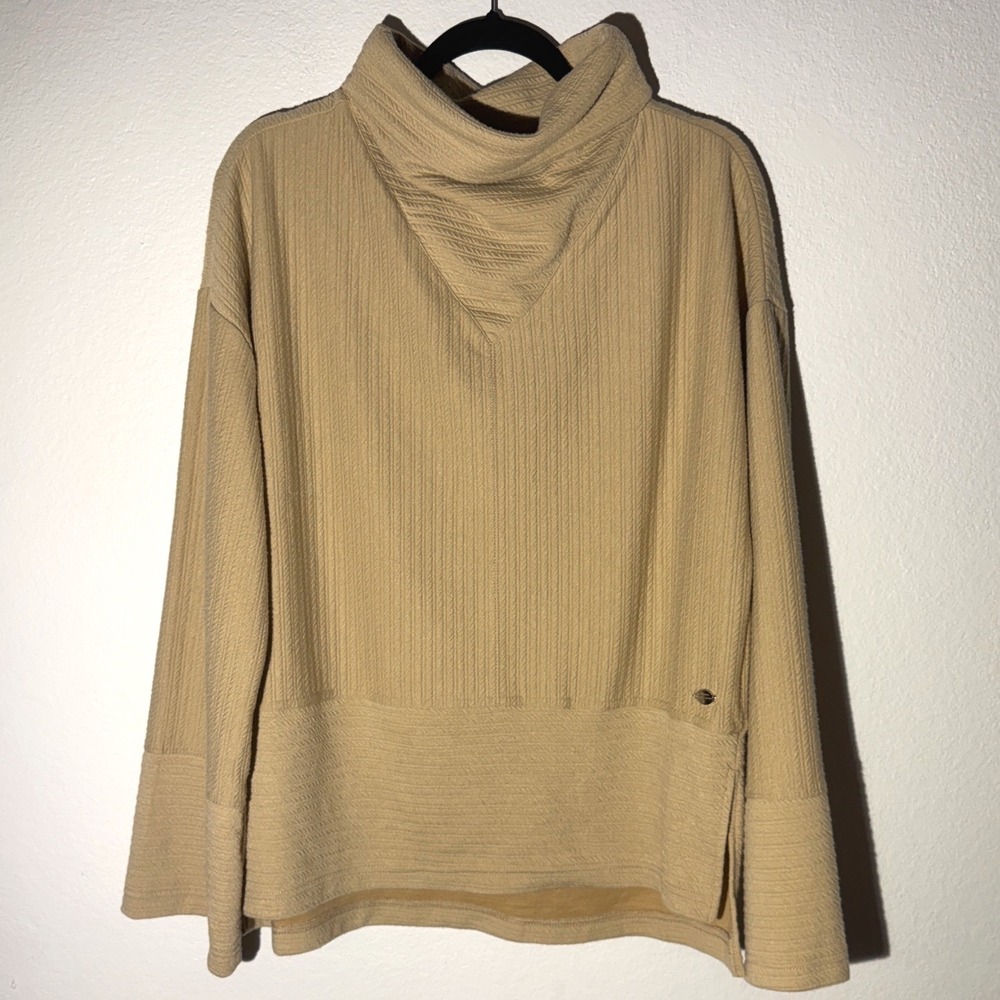 Tahari Sport Womens Tan Textured Funnel Neck Pullover Long Sleeve Top Large NWT